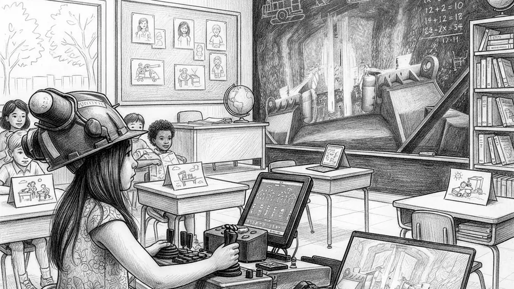 A drawing of a mining simulator in a classroom.