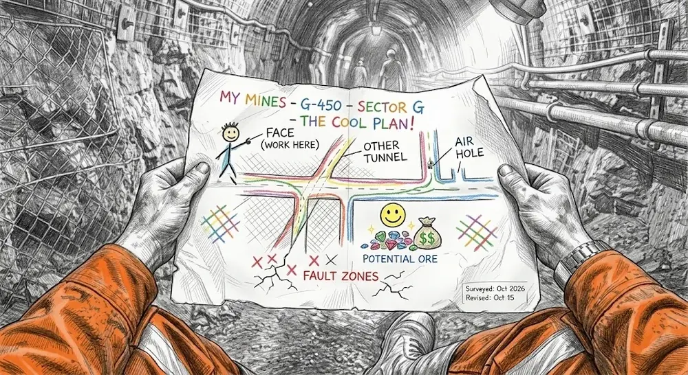 A hand-drawn mine development plan held up in a drift.