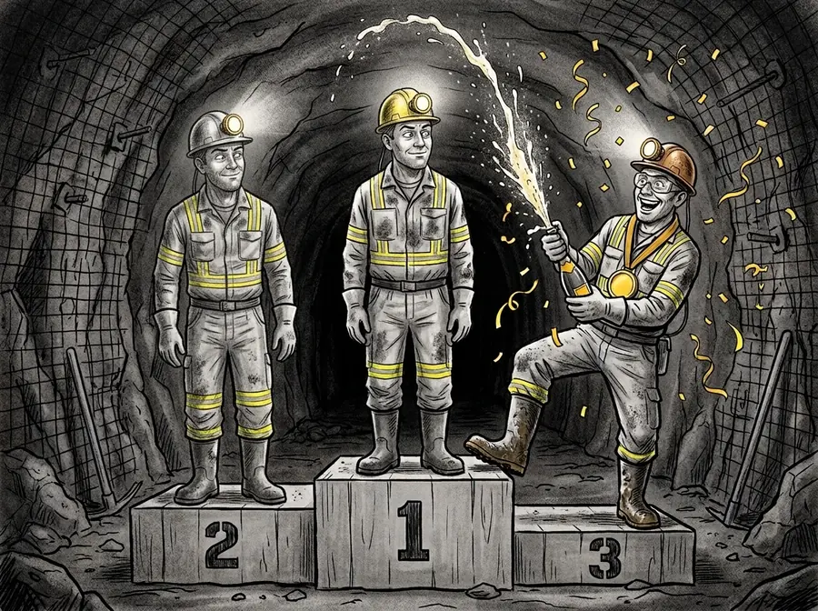 Three miners on a winners' podium underground.