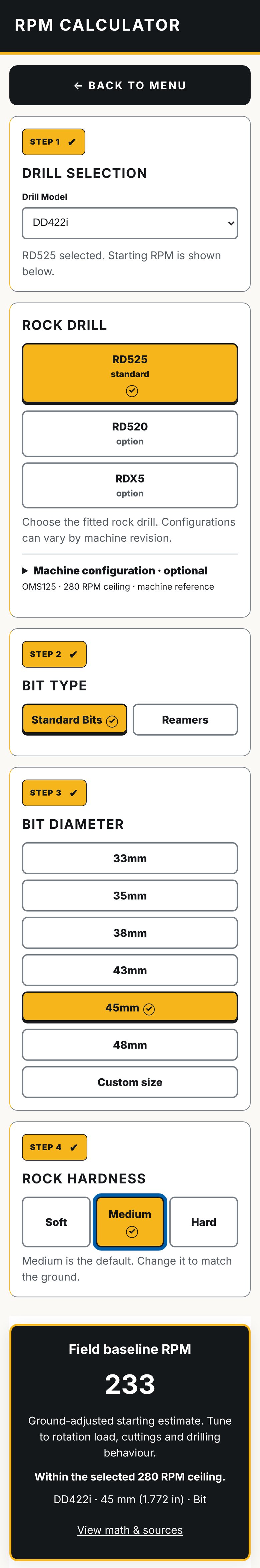 The RPM calculator on a phone, scrolling from a DD422i with an RD525 to a 233 RPM field baseline.